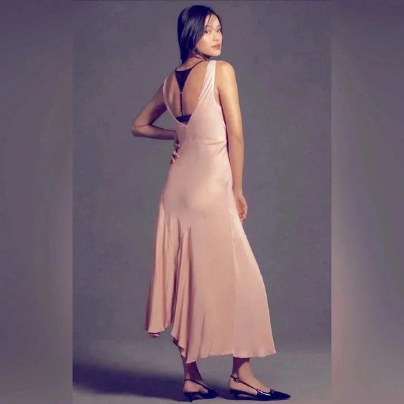 NWT Anthropologie Pink Satin Cowl-Neck Asymmetrical Twofer Slip Dress Size Small - Picture 3 of 10